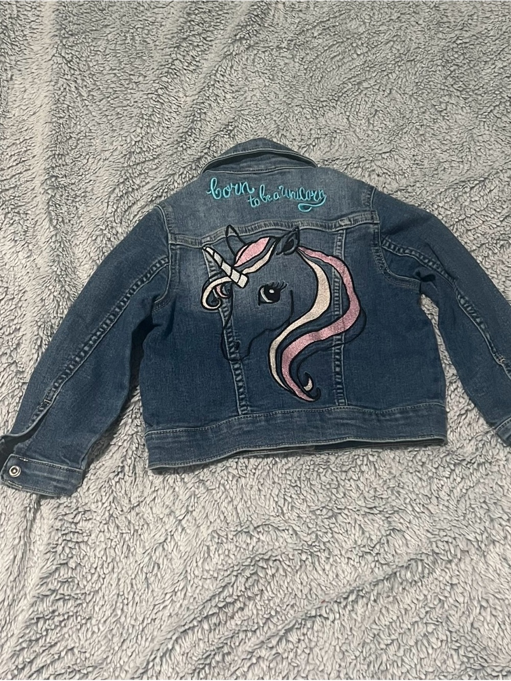 Girls' Blue Denim Jacket with Pink Unicorn Embroidery